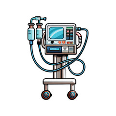 A cartoon vector illustration of a medical ventilator with two IV bags and a rolling stand.