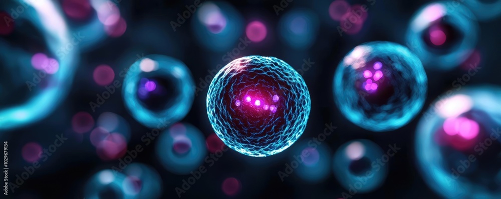 Poster colorful microscopic cells floating on a dark background