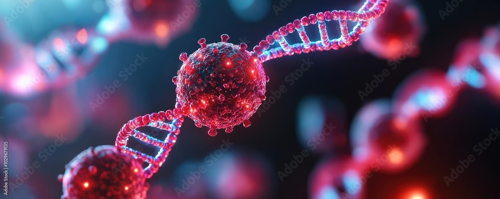Poster close-up of a dna strand with colorful molecules on a dark background.