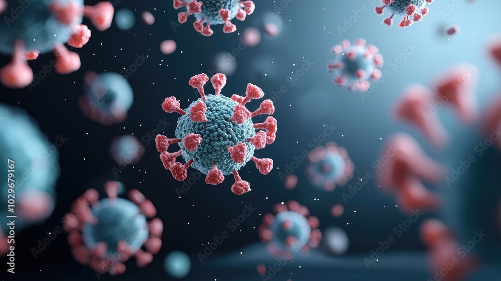 Poster 3D rendering of a virus, abstract microscopic view, colorful structures.