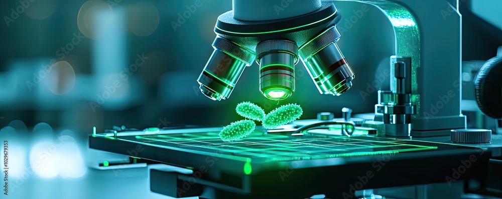 Poster Close-up of a microscope with green light and samples on the slide.