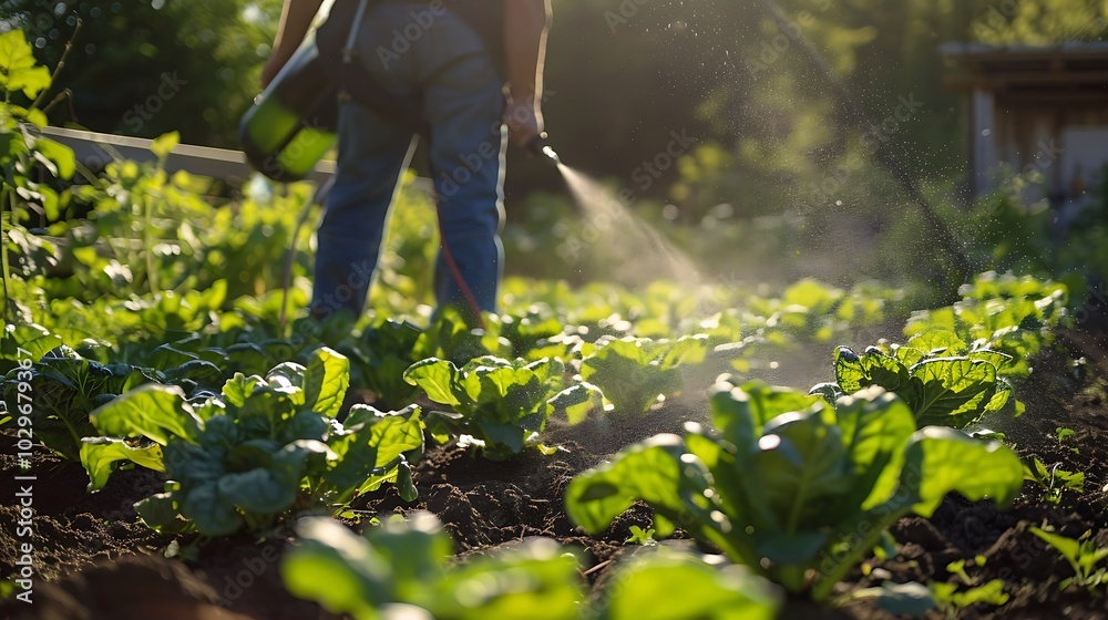 Wall mural farmer spraying water in vegetable garden