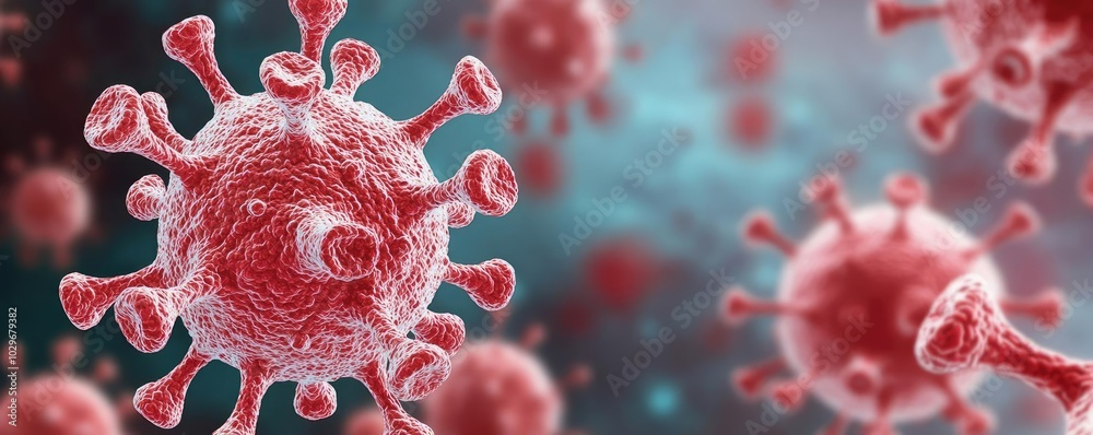 Poster microscopic view of a red virus on a blurred background, detailed and intricate structure.