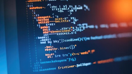 Close-up of programming code displayed on a computer screen, colorful syntax highlighting.
