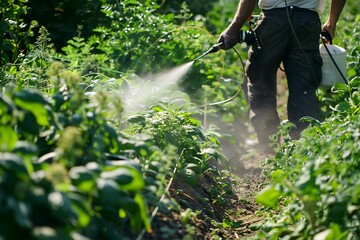Farmer spraying water in vegetable garden