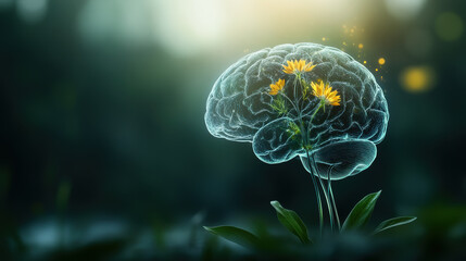 brain with neurons depicted as flowers symbolizes creativity and growth, showcasing beauty of nature intertwined with human cognition