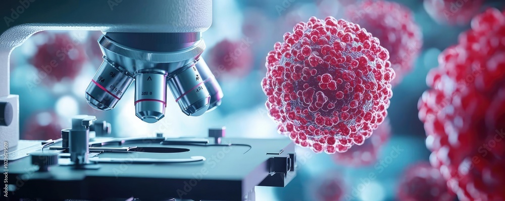 Poster microscope focusing on virus cells, detailed close-up view with glowing elements.