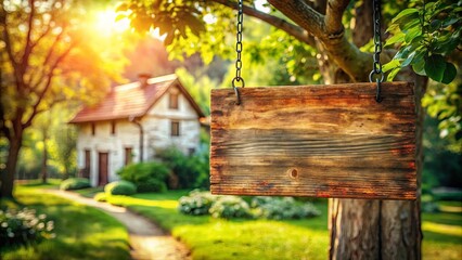 Naklejka premium Rustic Wooden Sign Hanging From Tree Branch With Blurred Cottage And Lush Greenery In The Background