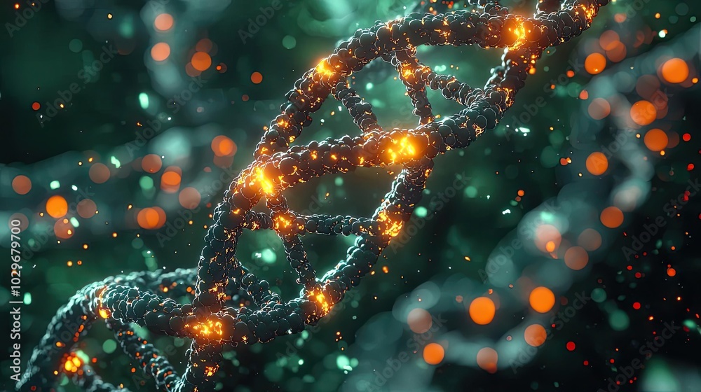 Poster Close-up view of glowing DNA strands with vibrant colors and particles.