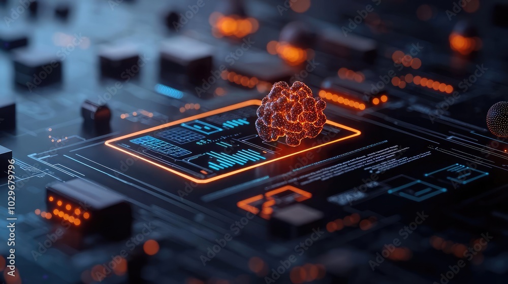 Poster Digital microprocessor circuit with glowing elements on a dark background.