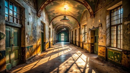 Fototapeta premium Sunlight Streaks Across the Dusty Floor of an Abandoned Building, Casting Shadows on the Cracked and Weathered Walls