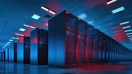 Data center with servers, illuminated by blue and red lights.