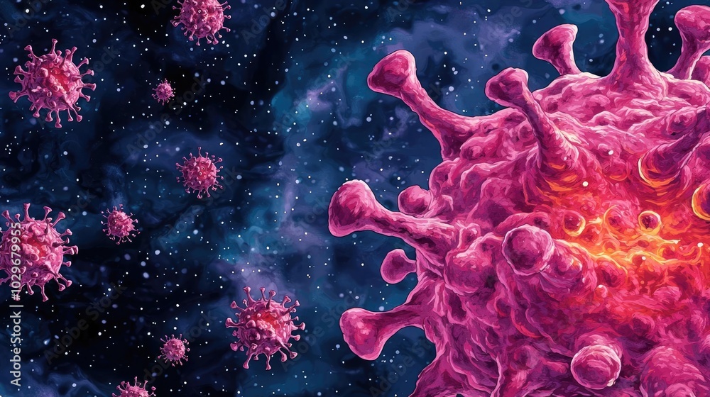Poster colorful depiction of a virus in space, showcasing intricate details and textures.