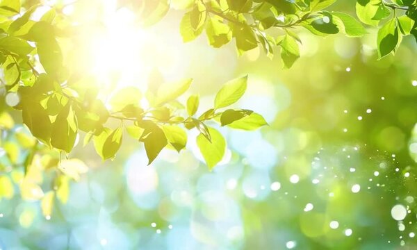 Blurry background of green spring trees with sunlight filtering through