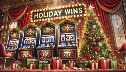 Fototapeta premium Festive Christmas Casino Slots with Holiday Decor and Wins - Luxurious Gambling Scene with Christmas Tree, Presents, and Slot Machines. Casino banner.