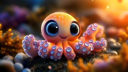 Obraz premium Cute Cartoon Octopus with Big Eyes Smiles at the Camera in a 3D Animated Video