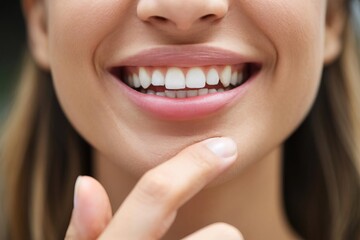 Smiling woman touching her chin, expressing confidence and happiness.