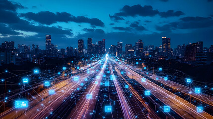 Fototapeta premium Illuminated cityscape with a network of connected icons, symbolizing digital transformation