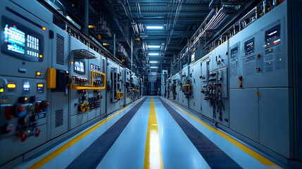 Industrial Control Room with Complex Electrical Panels and Wires