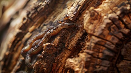 Close-up of earthworms on a weathered tree trunk