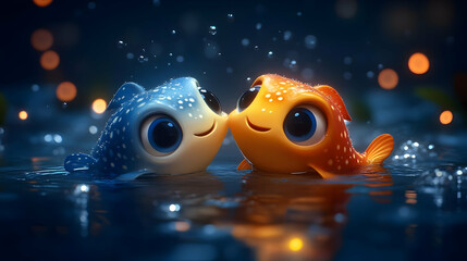 Animated Fish Couple Swimming in a Nighttime Ocean Scene with Blue and Orange Colors
