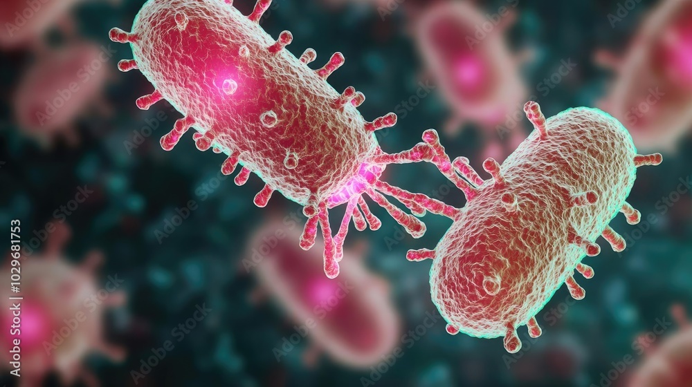 Poster microscopic view of bacteria interaction, colorful abstract background.