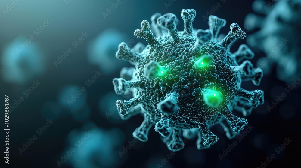 Aufkleber 3d representation of a virus with glowing features on a dark background.