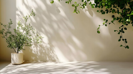 Minimalist Room Interior with Plants Casting Shadows on Empty Wall
