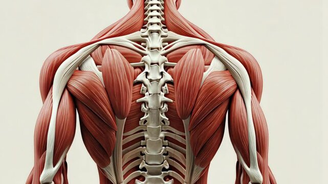 A detailed illustration of human back muscles, showcasing the complex structure of the spine and surrounding muscles