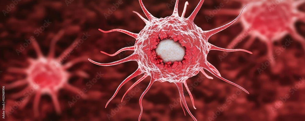 Poster Microscopic view of a cell, detailed structure on a red background.