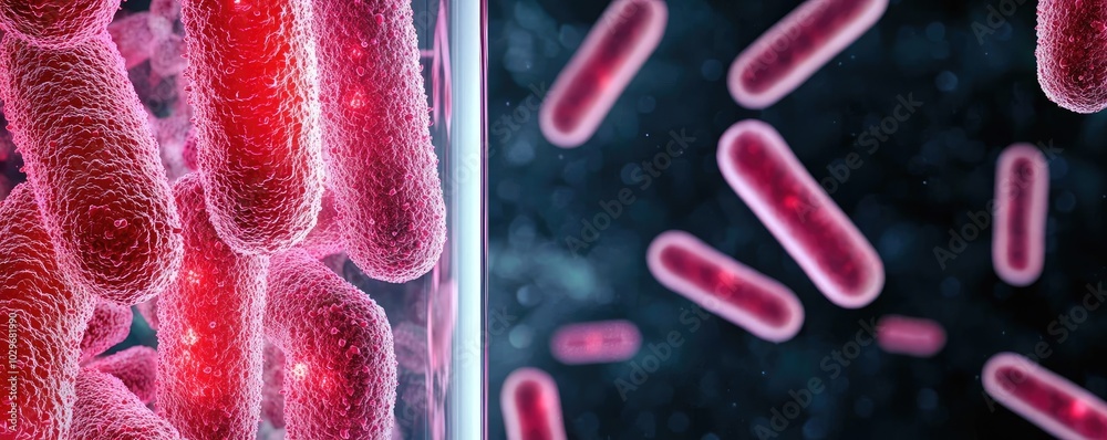 Poster microscopic view of bacteria with vibrant colors on a dark background.