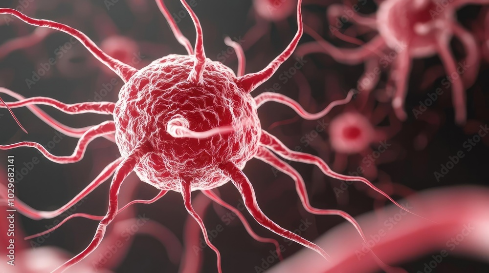 Fototapete microscopic view of red cells with intricate structures on a dark background.