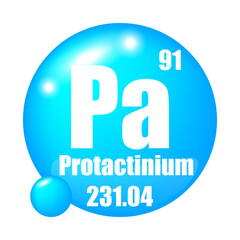 Pa icon. Protactinium element. Atomic number 91. Mass 231.04. Blue sphere background. Vector symbol.