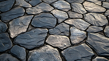 Fototapeta premium Dark gray stone pavers create a textured and rugged surface with a natural aesthetic.
