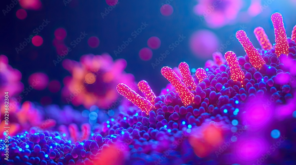 Poster Colorful abstract representation of a virus under a microscope.
