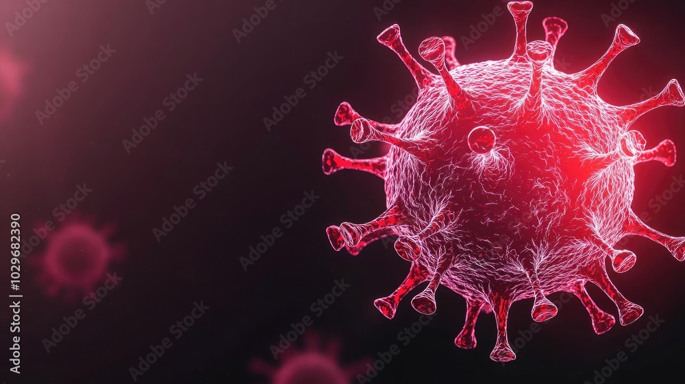 Poster Close-up of a virus particle on a dark background, illustrating its detailed structure.