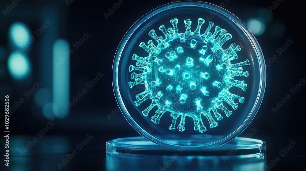 Poster microscopic view of a virus in a petri dish with glowing effects.