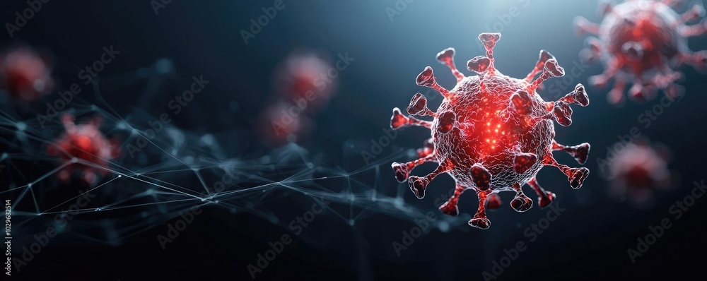 Poster Microscopic view of a virus with red spikes on a dark background.
