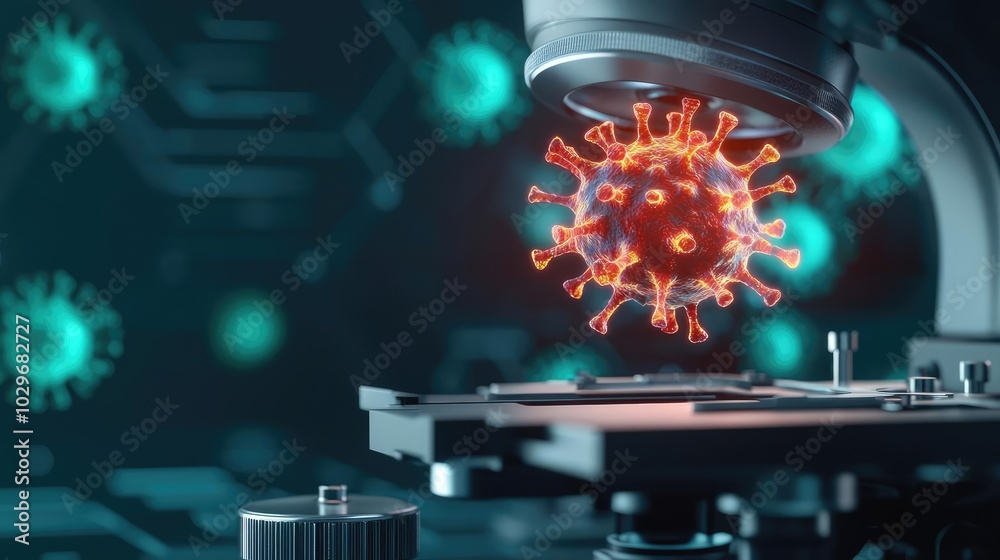 Aufkleber Microscope analyzing a virus on a lab bench, high-tech environment.