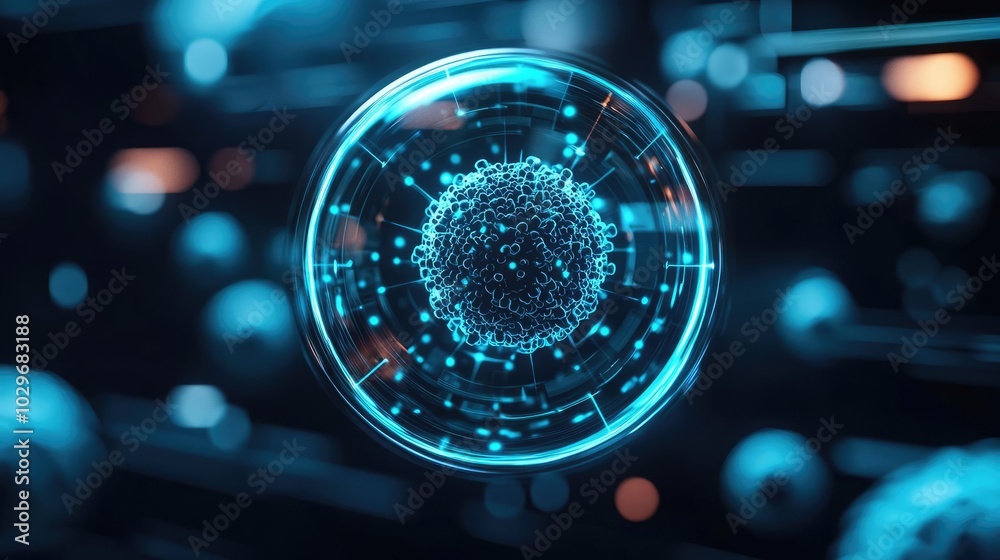 Poster abstract representation of a digital particle, glowing against a dark background.