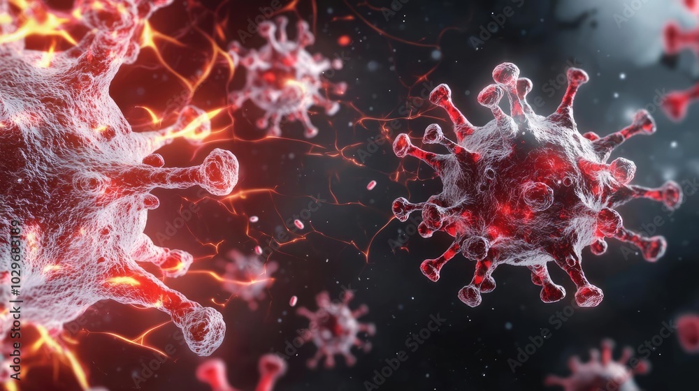 Poster detailed visualization of virus particles on a dark background.