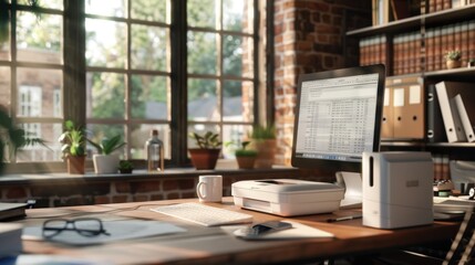Fototapeta premium Modern Office Workspace with Sunlight Streaming Through Window