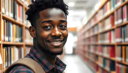 Portrait of happy black student in library looking at camera isolated with white highlights, png