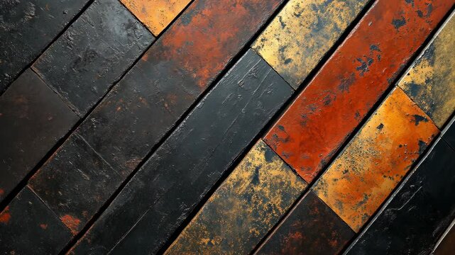 A close-up of a herringbone patterned floor made of dark wood and metal tiles, with a rustic and industrial aesthetic