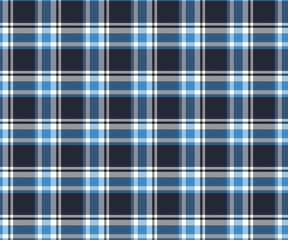 Plaid fabric pattern, navy blue, blue, white, cross lines, seamless for textiles, and for designing clothes, skirts or decorative fabrics. Vector illustration.