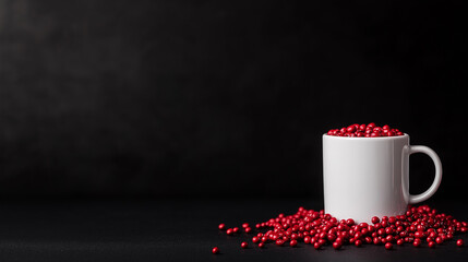 photography workshop, red beans, product photo of black background with scattered sorghum seeds in the cup, red colored sorghum beads scattered around the mug,