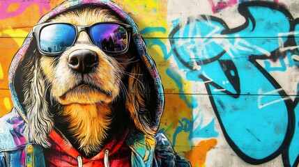 Obraz premium A stylish dog wearing sunglasses and a hoodie against a colorful graffiti background.