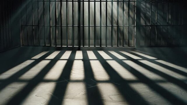 Dimly Lit Prison Cell with Bars Casting Shadows on the Floor in a Dark and Isolated Environment