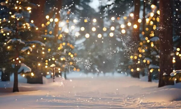 Enchanting Winter Wonderland with Snow-Covered Trees and Festive String Lights in a Forest