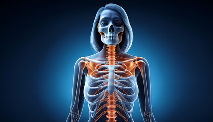 Anatomical illustration of a female skeleton with highlighted joints and internal structures against a blue background.